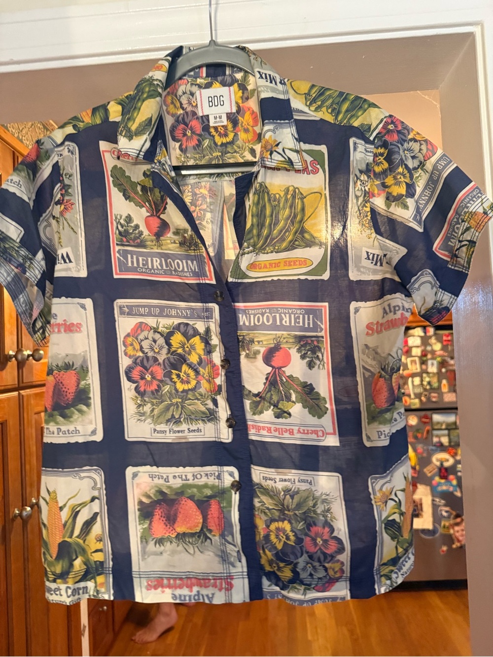 BDG Navy Button-Down Short Sleeve Shirt with Multicolor Seed-Packet Print